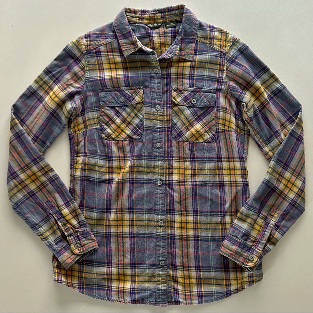 Eddie Bauer Purple Yellow Pink Plaid Button Down Shirt Lightweight XS Winter